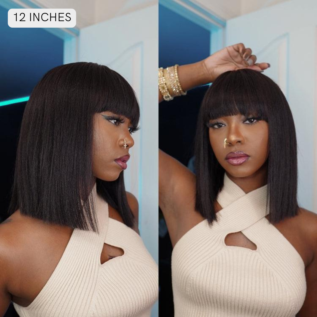 Yaki Straight Bob With Bangs Wig Premium Remy Human Hair